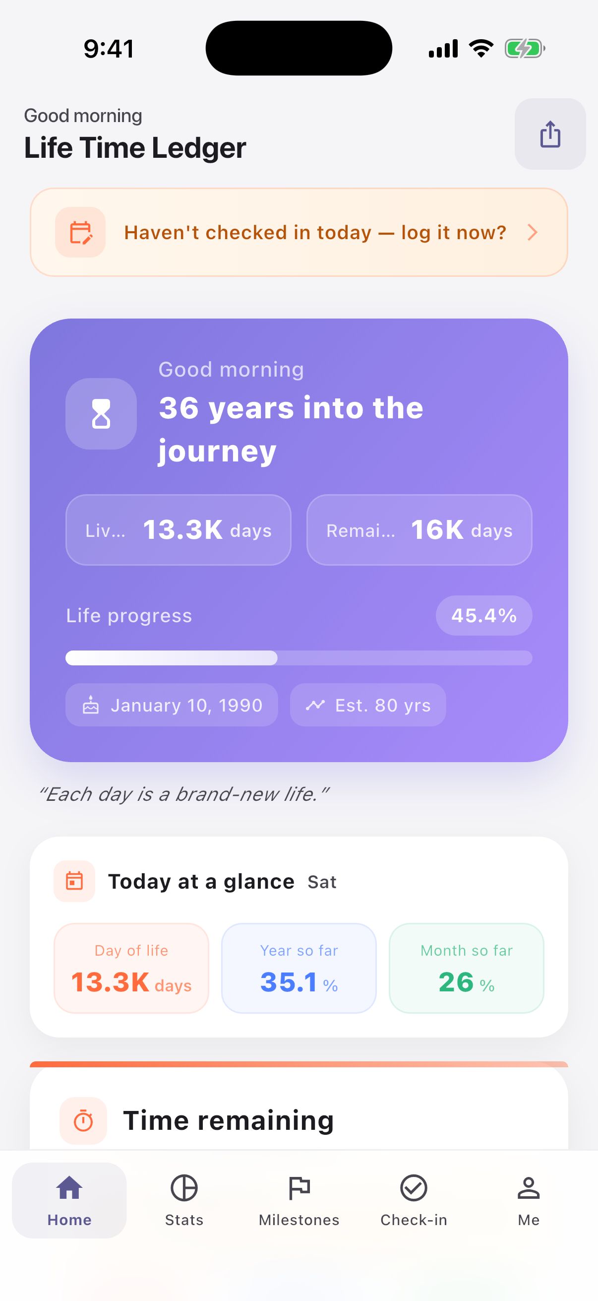 Life Time Ledger home screen