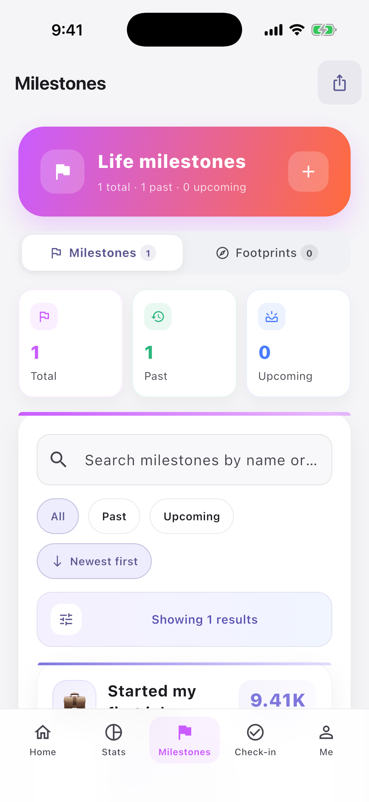 Life Time Ledger milestones screen